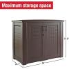imageRubbermaid Decorative Outdoor Storage Cabinet 123 Gal Weather Resistant Dark Brown Organization for HomeBackyardPool ChemicalsToysGarden ToolsPorchPatio CushionsDark Teak