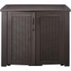 imageRubbermaid Decorative Outdoor Storage Cabinet 123 Gal Weather Resistant Dark Brown Organization for HomeBackyardPool ChemicalsToysGarden ToolsPorchPatio CushionsBlack Oak