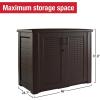 imageRubbermaid Decorative Outdoor Storage Cabinet 123 Gal Weather Resistant Dark Brown Organization for HomeBackyardPool ChemicalsToysGarden ToolsPorchPatio CushionsBlack Oak