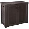 imageRubbermaid Decorative Outdoor Storage Cabinet 123 Gal Weather Resistant Dark Brown Organization for HomeBackyardPool ChemicalsToysGarden ToolsPorchPatio CushionsBlack Oak