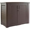 imageRubbermaid Decorative Outdoor Storage Cabinet 123 Gal Weather Resistant Dark Brown Organization for HomeBackyardPool ChemicalsToysGarden ToolsPorchPatio CushionsDark Teak