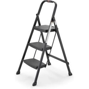 imageRubbermaid 3Step Steel LadderFolding Step Stool with Hand Grip and NonSlip Feet Silver Tested to ANSI US Safety Standards No Assembly RequiredBlack Finish