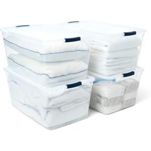 imageRubbermaid Cleverstore 74 Qt Clear Storage Bins with Lids 4Pack Stackable BPAFree Made in USA95 Qt  4 Pack