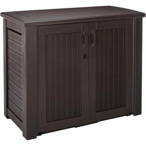 imageRubbermaid Decorative Outdoor Storage Cabinet 123 Gal Weather Resistant Dark Brown Organization for HomeBackyardPool ChemicalsToysGarden ToolsPorchPatio CushionsBlack Oak