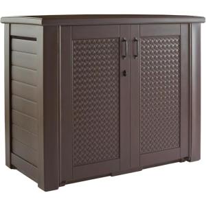 imageRubbermaid Decorative Outdoor Storage Cabinet 123 Gal Weather Resistant Dark Brown Organization for HomeBackyardPool ChemicalsToysGarden ToolsPorchPatio CushionsDark Teak