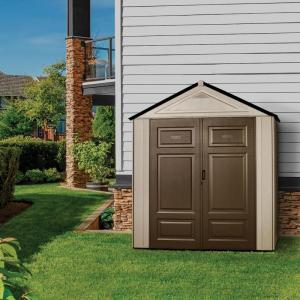 imageRubbermaid Resin Outdoor Storage Shed With Floor 7 x 35 Ft Weather Resistant BrownGrey Organization for HomeLawn MowerBackyard EquipmentBike StoragePool SuppliesGrayBrown