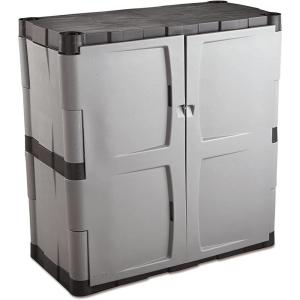 imageRubbermaid Wall Mounted Storage Cabinet with Doors 150Pound Capacity Gray Lockable ThreeShelf Cubbard for ToolsCar AccessoriesCleaning in HomeGarageOutdoor AreasMedium