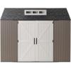 imageRubbermaid 7 Foot by 7 Foot Weatherproof Outdoor Storage Shed for Garden Tools and Lawn Machinery Organization with Lockable Double Door SandstoneBrown