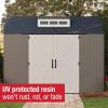 imageRubbermaid 7 Foot by 7 Foot Weatherproof Outdoor Storage Shed for Garden Tools and Lawn Machinery Organization with Lockable Double Door SandstoneBrown
