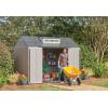 imageRubbermaid 7 Foot by 7 Foot Weatherproof Outdoor Storage Shed for Garden Tools and Lawn Machinery Organization with Lockable Double Door SandstoneBrown