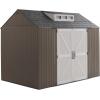 imageRubbermaid 7 Foot by 7 Foot Weatherproof Outdoor Storage Shed for Garden Tools and Lawn Machinery Organization with Lockable Double Door SandstoneBrown