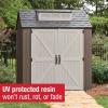 imageRubbermaid 7 Foot by 7 Foot Weatherproof Outdoor Storage Shed for Garden Tools and Lawn Machinery Organization with Lockable Double Door SandstoneBrown