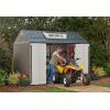 imageRubbermaid 7 Foot by 7 Foot Weatherproof Outdoor Storage Shed for Garden Tools and Lawn Machinery Organization with Lockable Double Door SandstoneBrown