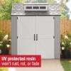 imageRubbermaid 7 Foot by 7 Foot Weatherproof Outdoor Storage Shed for Garden Tools and Lawn Machinery Organization with Lockable Double Door SandstoneGray