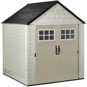imageRubbermaid 7 Foot by 7 Foot Weatherproof Outdoor Storage Shed for Garden Tools and Lawn Machinery Organization with Lockable Double Door SandstoneBeige