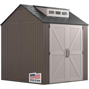 imageRubbermaid 7 Foot by 7 Foot Weatherproof Outdoor Storage Shed for Garden Tools and Lawn Machinery Organization with Lockable Double Door SandstoneBrown