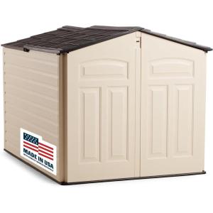 imageRubbermaid SlideLid Resin Outdoor Storage Shed 5 x 65 FtWeather Resistant BeigeBrown Organization for HomeBackyardGarden ToolsLawn MowerBike StoragePool SuppliesSandstone
