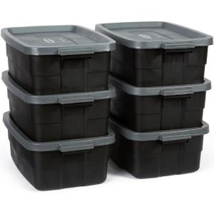 imageRubbermaid Roughneck Tote 18 Gal 6 Pack Made in USA Black ampamp Gray Rugged Plastic Stackable Storage Bins with Lids and Handles10 Gal  6 Pack