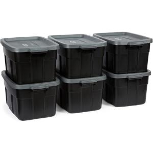 imageRubbermaid Roughneck Tote 18 Gal 6 Pack Made in USA Black ampamp Gray Rugged Plastic Stackable Storage Bins with Lids and Handles14 Gal  6 Pack