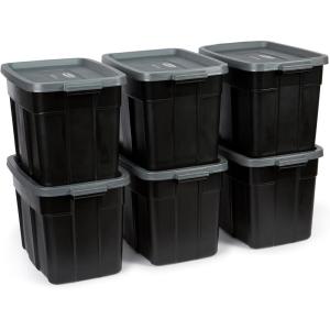 imageRubbermaid Roughneck Tote 18 Gal 6 Pack Made in USA Black ampamp Gray Rugged Plastic Stackable Storage Bins with Lids and Handles18 Gal  6 Pack