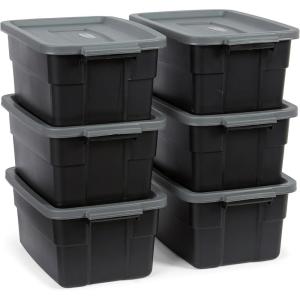 imageRubbermaid Roughneck Tote 18 Gal 6 Pack Made in USA Black ampamp Gray Rugged Plastic Stackable Storage Bins with Lids and Handles3 Gal  6 Pack