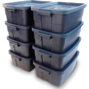 imageRubbermaid Roughneck Tote 31 Gal 3 Pack Made in USA Dark Indigo Metallic Rugged Plastic Stackable Storage Bins with Lids and Handles10 Gal  8 Pack