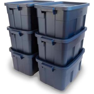 imageRubbermaid Roughneck Tote 31 Gal 3 Pack Made in USA Dark Indigo Metallic Rugged Plastic Stackable Storage Bins with Lids and Handles14 Gal  6 Pack