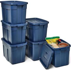 imageRubbermaid Roughneck Tote 31 Gal 3 Pack Made in USA Dark Indigo Metallic Rugged Plastic Stackable Storage Bins with Lids and Handles18 Gal  6 Pack