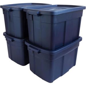 imageRubbermaid Roughneck Tote 31 Gal 3 Pack Made in USA Dark Indigo Metallic Rugged Plastic Stackable Storage Bins with Lids and Handles25 Gal  4 Pack