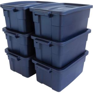 imageRubbermaid Roughneck Tote 31 Gal 3 Pack Made in USA Dark Indigo Metallic Rugged Plastic Stackable Storage Bins with Lids and Handles3 Gal  6 Pack