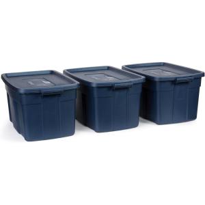 imageRubbermaid Roughneck Tote 31 Gal 3 Pack Made in USA Dark Indigo Metallic Rugged Plastic Stackable Storage Bins with Lids and Handles31 Gal  3 Pack