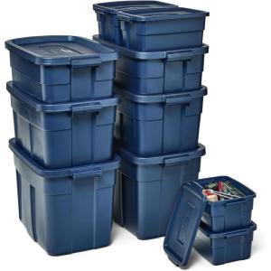 imageRubbermaid Roughneck Tote 31 Gal 3 Pack Made in USA Dark Indigo Metallic Rugged Plastic Stackable Storage Bins with Lids and HandlesVariety  10 Pack