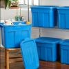 imageRubbermaid Roughneck Tote 25 Gal 4 Pack Made in USA Heritage Blue Rugged Plastic Stackable Storage Bins with Lids and Handles18 Gal  6 Pack