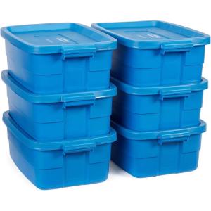 imageRubbermaid Roughneck Tote 25 Gal 4 Pack Made in USA Heritage Blue Rugged Plastic Stackable Storage Bins with Lids and Handles10 Gal  6 Pack