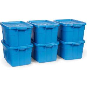 imageRubbermaid Roughneck Tote 25 Gal 4 Pack Made in USA Heritage Blue Rugged Plastic Stackable Storage Bins with Lids and Handles14 Gal  6 Pack