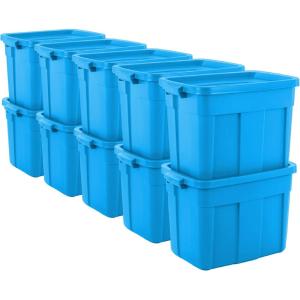 imageRubbermaid Roughneck Tote 25 Gal 4 Pack Made in USA Heritage Blue Rugged Plastic Stackable Storage Bins with Lids and Handles18 Gal  10 Pack