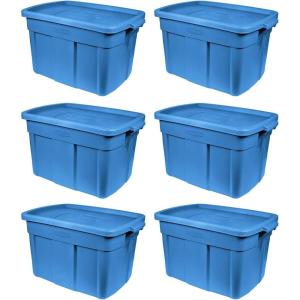 imageRubbermaid Roughneck Tote 25 Gal 4 Pack Made in USA Heritage Blue Rugged Plastic Stackable Storage Bins with Lids and Handles18 Gal  6 Pack