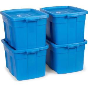imageRubbermaid Roughneck Tote 25 Gal 4 Pack Made in USA Heritage Blue Rugged Plastic Stackable Storage Bins with Lids and Handles25 Gal  4 Pack