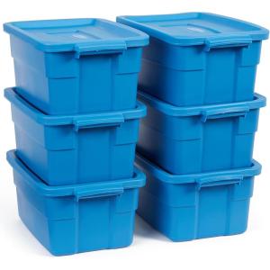 imageRubbermaid Roughneck Tote 25 Gal 4 Pack Made in USA Heritage Blue Rugged Plastic Stackable Storage Bins with Lids and Handles3 Gal  6 Pack