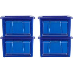 imageRubbermaid Small AllAccess Tote with Lids Pack of 4 Stackable Storage Bins with Clear DropDown Door and Carry Handles Closet Organization Containers Blazer BlueSmall 4pk