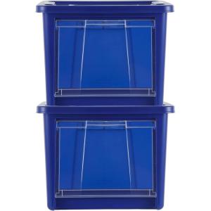 imageRubbermaid Small AllAccess Tote with Lids Pack of 4 Stackable Storage Bins with Clear DropDown Door and Carry Handles Closet Organization Containers Blazer BlueMedium 2pk