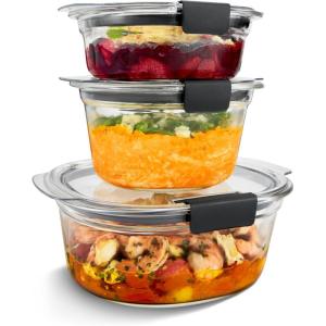 imageRubbermaid Brilliance Glass Round LeakProof 6Piece Set Food Storage Containers Food Containers with Lids Meal Prep ContainersSet of 3 Assorted Round Containers